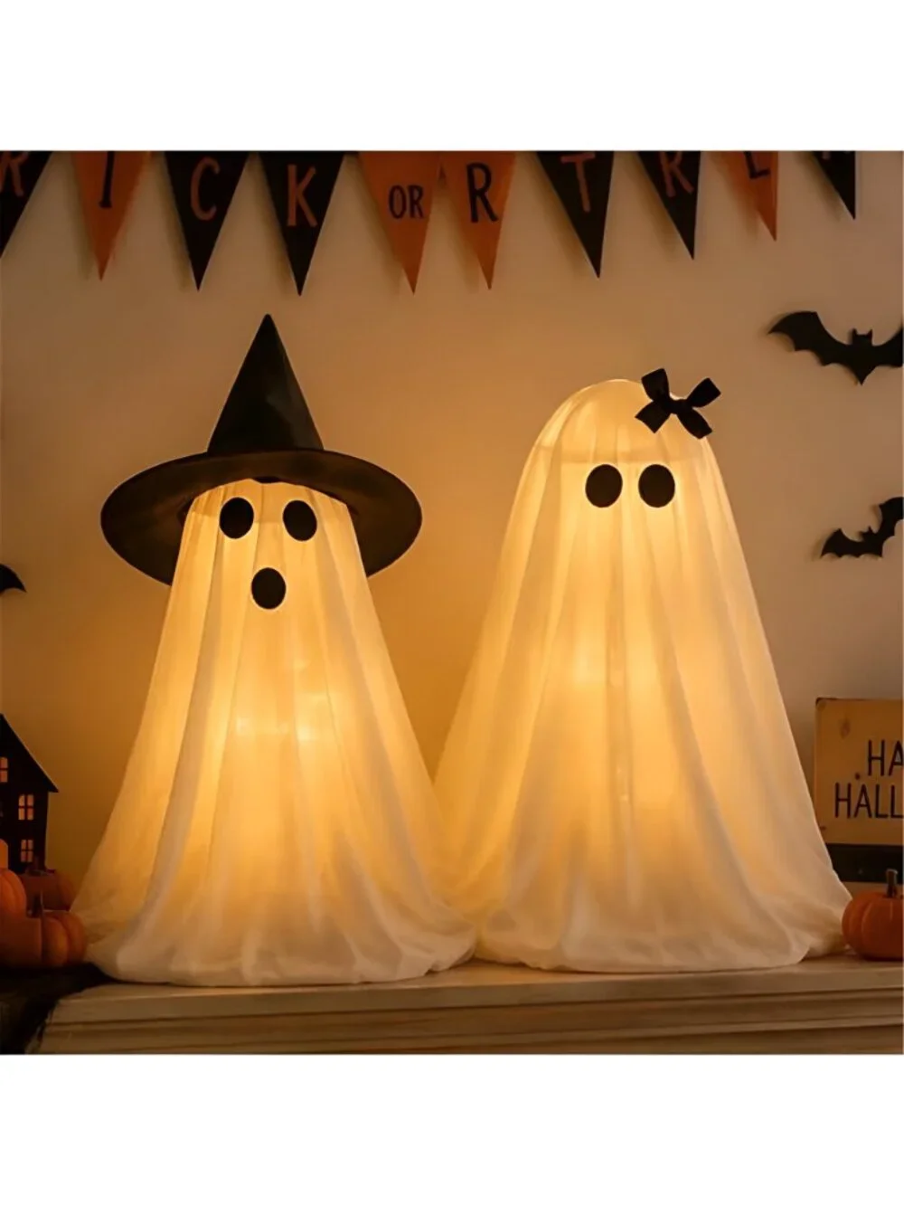 Halloween Decorations Light-Up Ghosts with Witch Hats, Indoor Ghost Decor